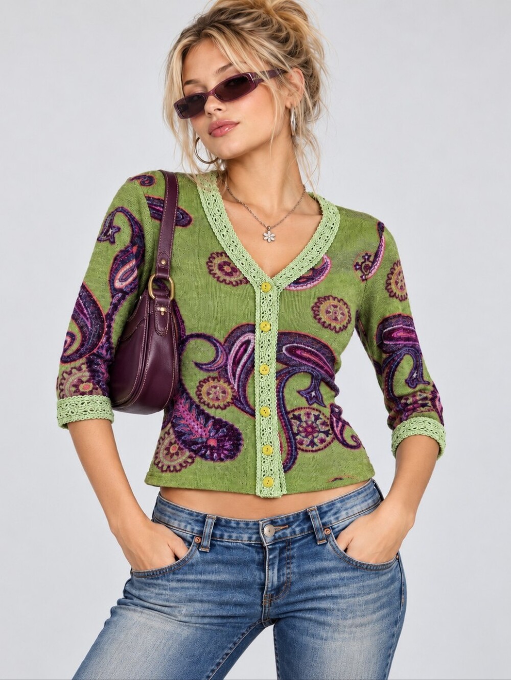 Vintage Y2K Paisley Knit Cardigan Top Size L Green Purple 90s Boho